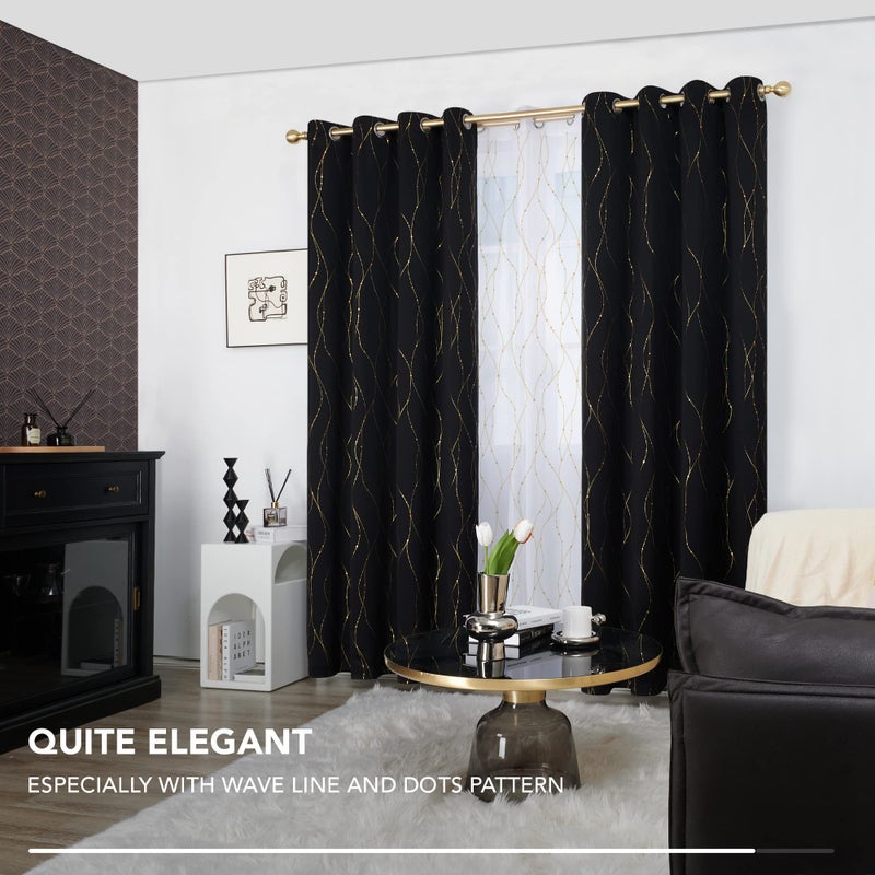 Deconovo Blackout Curtains 2 Panels for Bedroom and Living Room, Gold Foil Wave Lines and Dots, Thermal Insulated Room Darkening Grommet Window Drapes for Nursery and Kids Room, Black, 52W x 84L Inch - Image 5